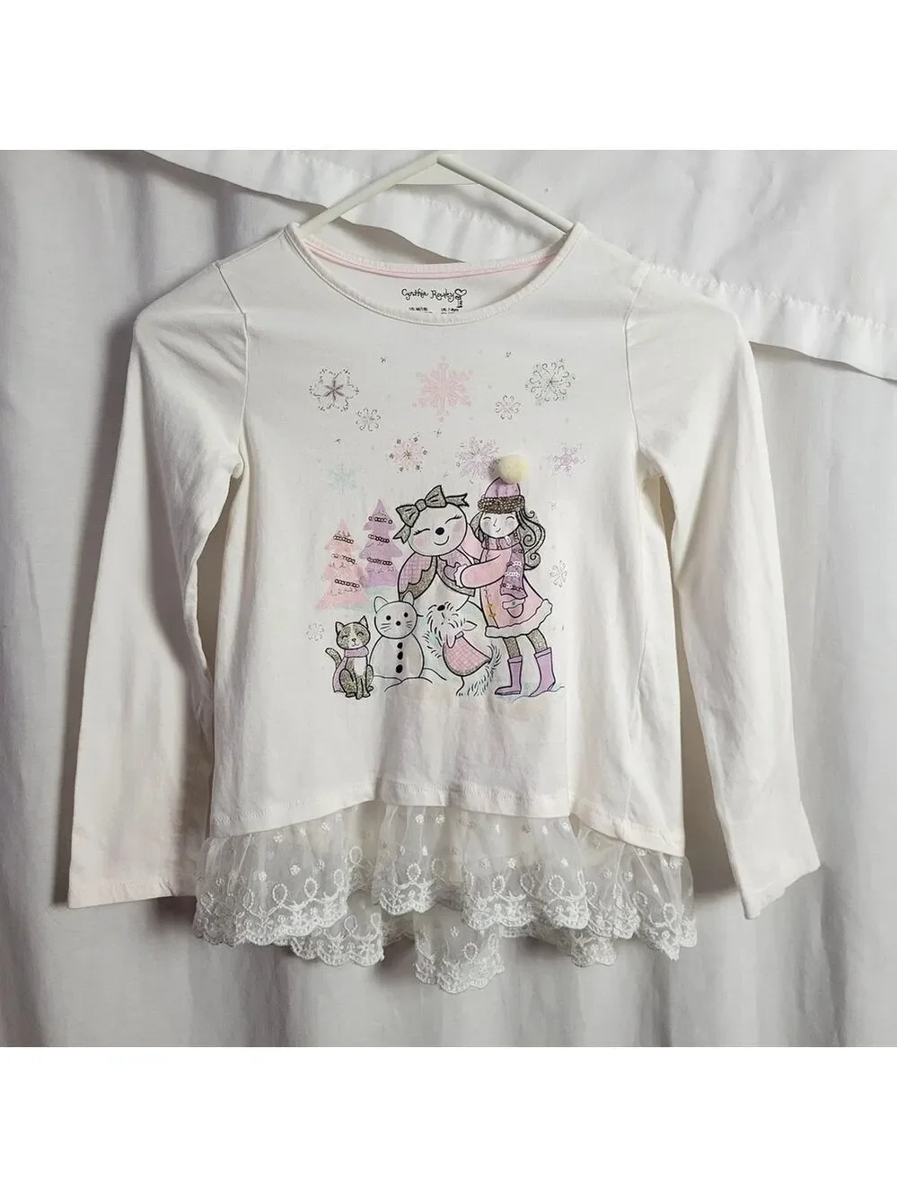 Cynthia Rowley Top Girls' White Winter M 7/8 Snowman cats frilly lace glitter